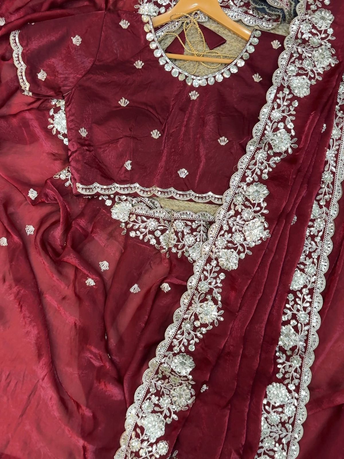 Premium Dual Tone Fendy Satin Silk Saree with Sequins, Coding Embroidery & Cutwork Border – Designer Blouse