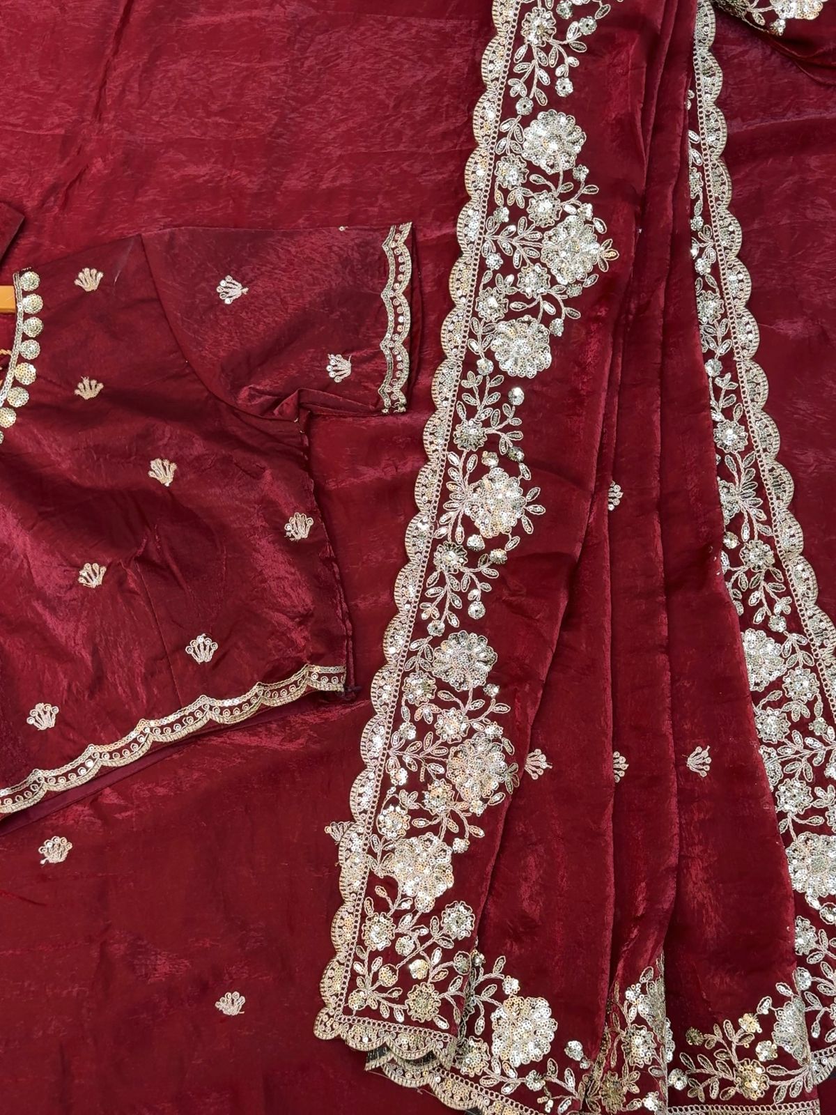 Premium Dual Tone Fendy Satin Silk Saree with Sequins, Coding Embroidery & Cutwork Border – Designer Blouse
