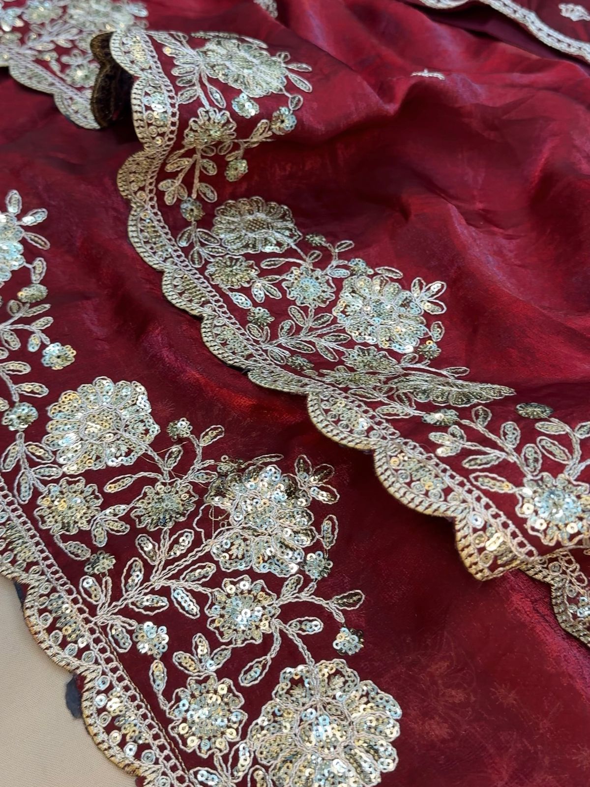 Premium Dual Tone Fendy Satin Silk Saree with Sequins, Coding Embroidery & Cutwork Border – Designer Blouse
