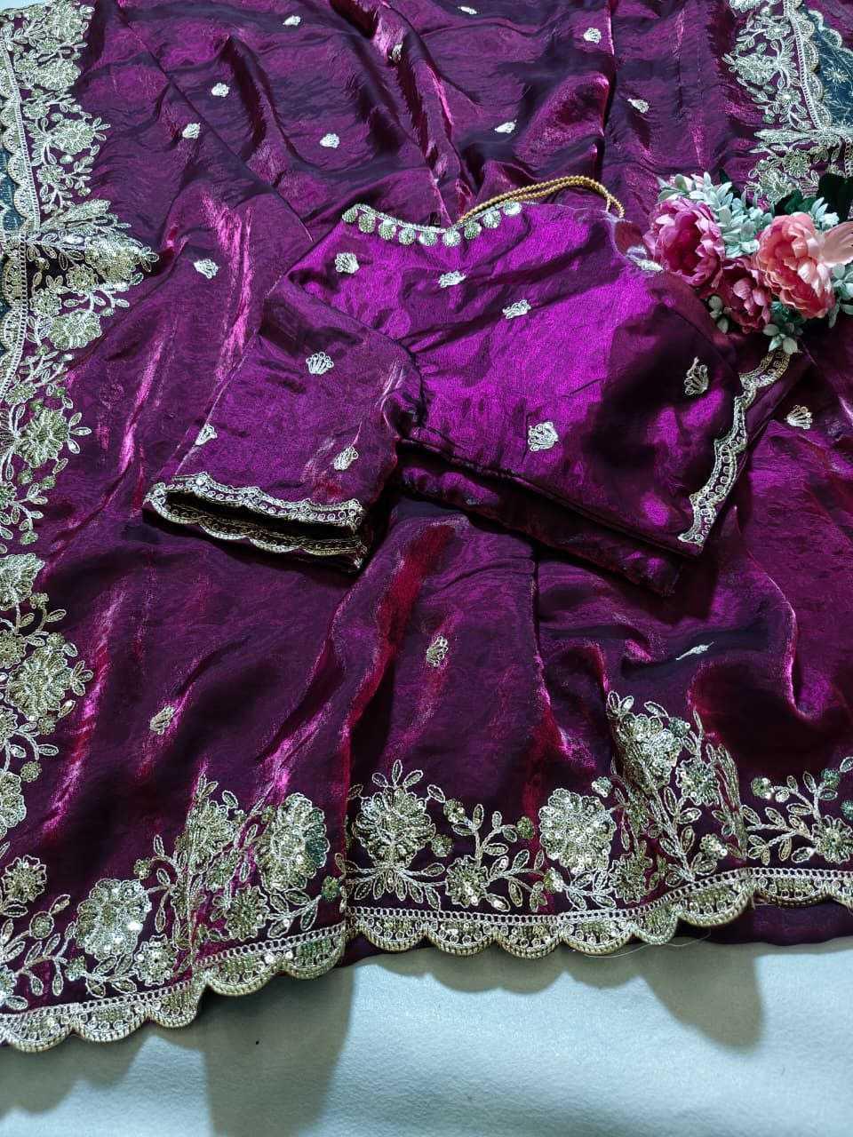 Premium Dual Tone Fendy Satin Silk Saree with Sequins, Coding Embroidery & Cutwork Border – Designer Blouse