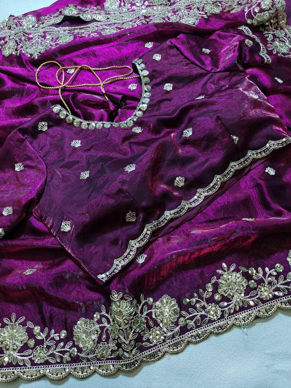 Premium Dual Tone Fendy Satin Silk Saree with Sequins, Coding Embroidery & Cutwork Border – Designer Blouse
