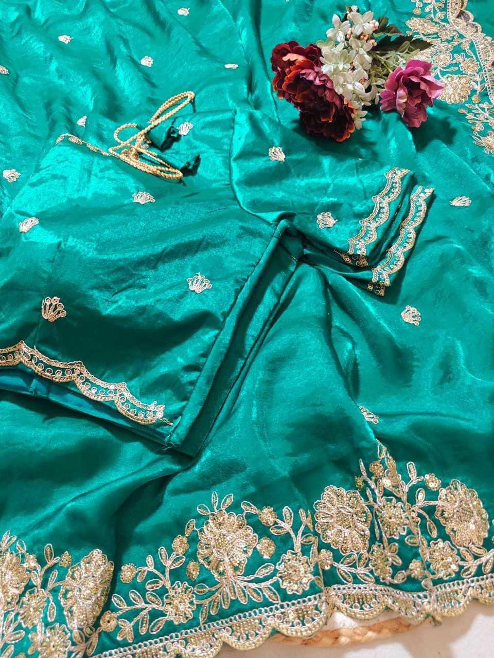 Premium Dual Tone Fendy Satin Silk Saree with Sequins, Coding Embroidery & Cutwork Border – Designer Blouse