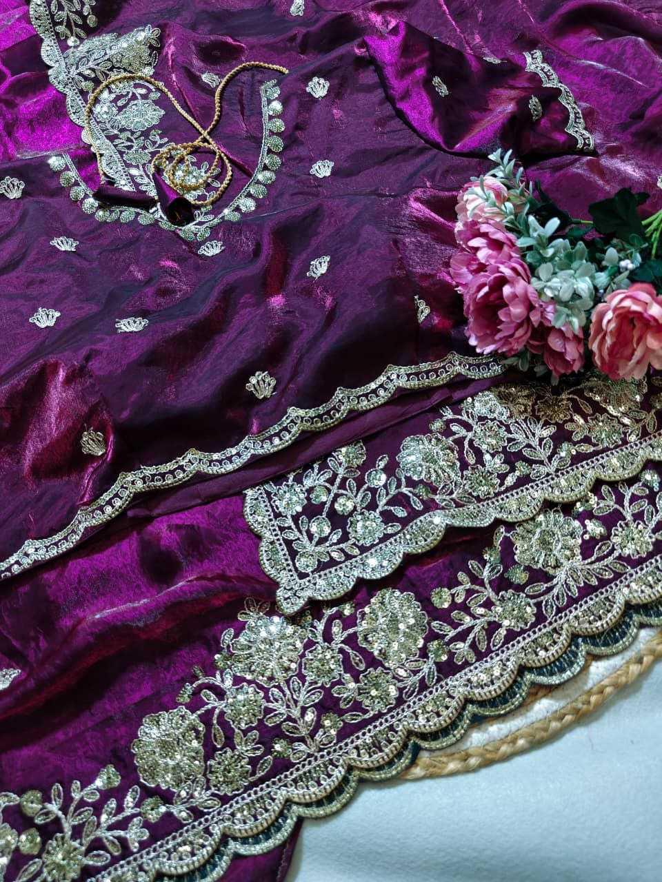 Premium Dual Tone Fendy Satin Silk Saree with Sequins, Coding Embroidery & Cutwork Border – Designer Blouse