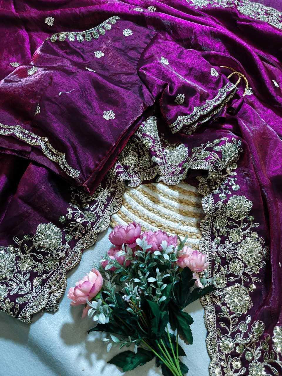 Premium Dual Tone Fendy Satin Silk Saree with Sequins, Coding Embroidery & Cutwork Border – Designer Blouse