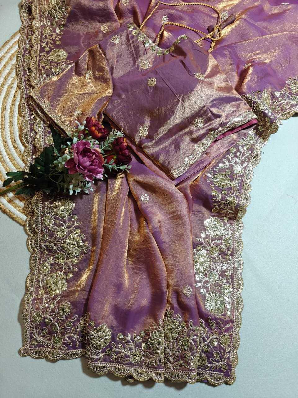 Premium Dual Tone Fendy Satin Silk Saree with Sequins, Coding Embroidery & Cutwork Border – Designer Blouse