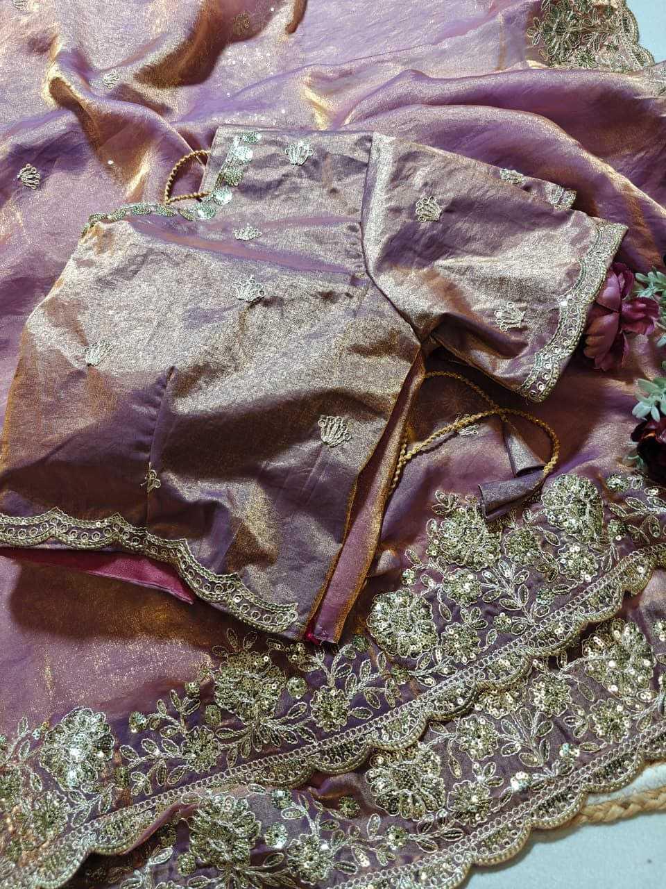 Premium Dual Tone Fendy Satin Silk Saree with Sequins, Coding Embroidery & Cutwork Border – Designer Blouse