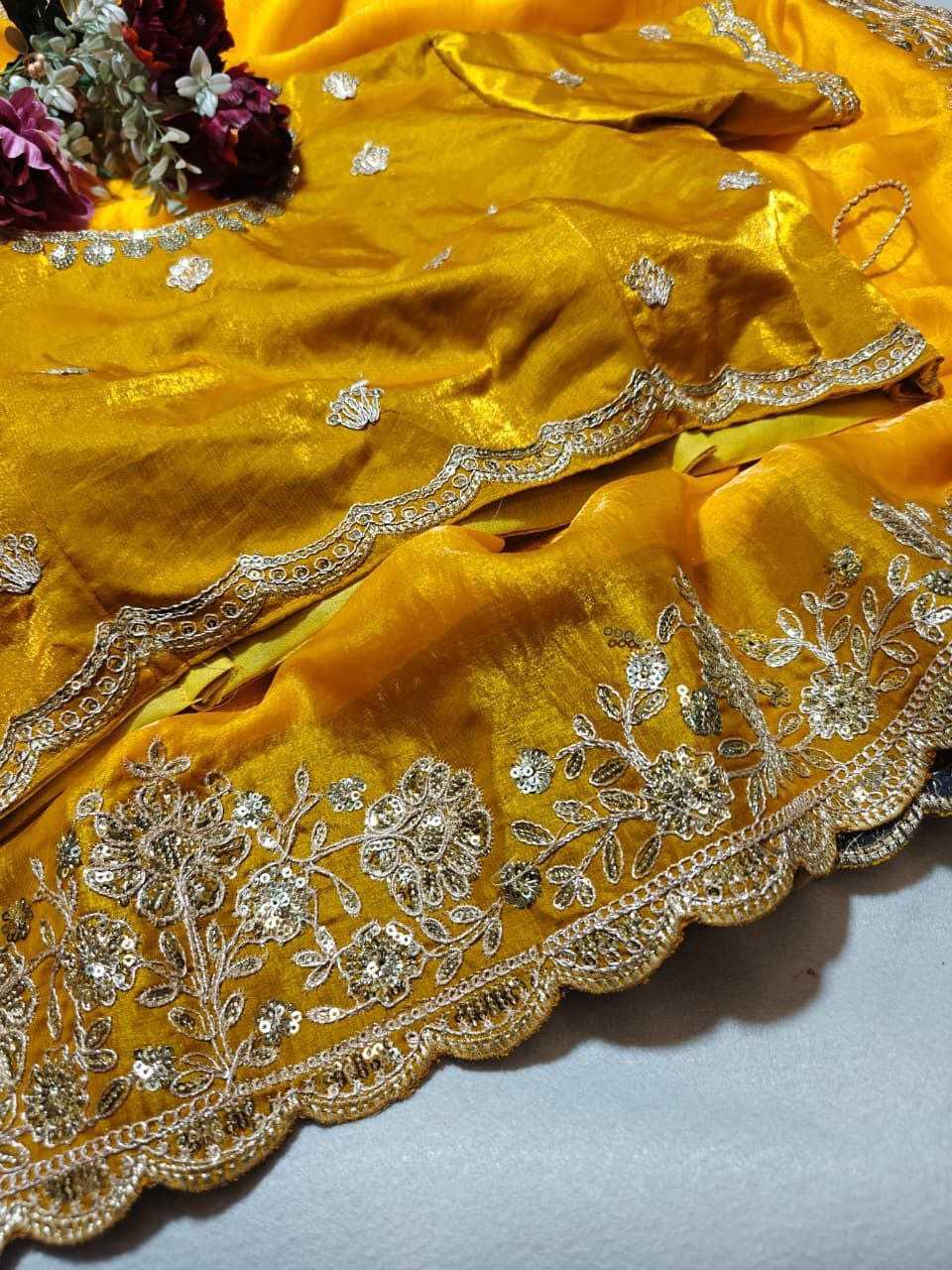 Premium Dual Tone Fendy Satin Silk Saree with Sequins, Coding Embroidery & Cutwork Border – Designer Blouse