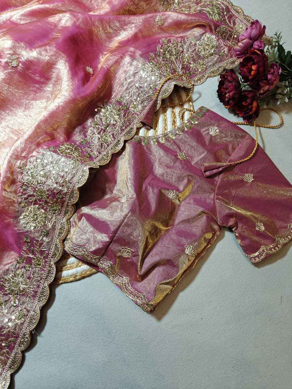 Premium Dual Tone Fendy Satin Silk Saree with Sequins, Coding Embroidery & Cutwork Border – Designer Blouse