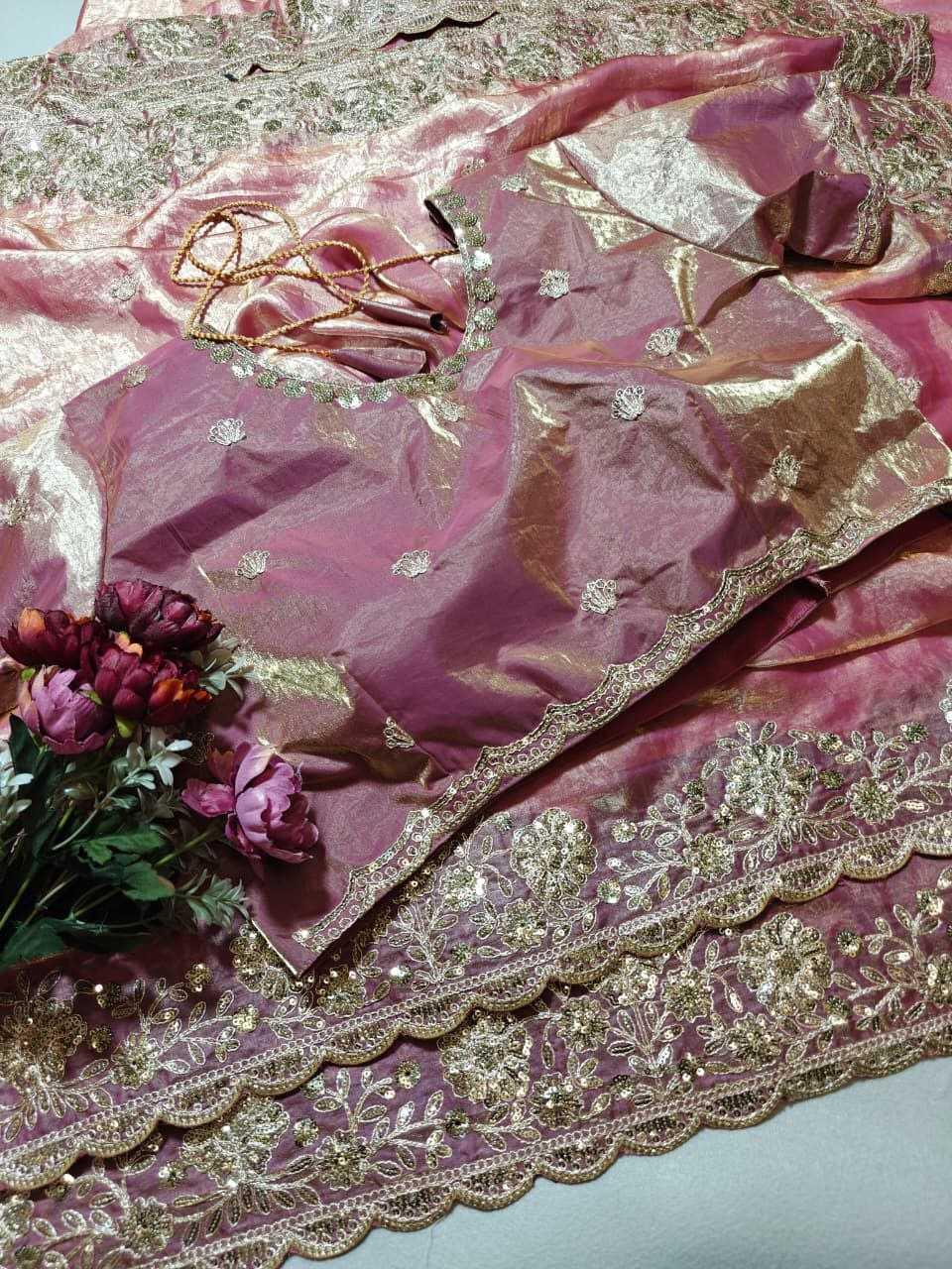 Premium Dual Tone Fendy Satin Silk Saree with Sequins, Coding Embroidery & Cutwork Border – Designer Blouse
