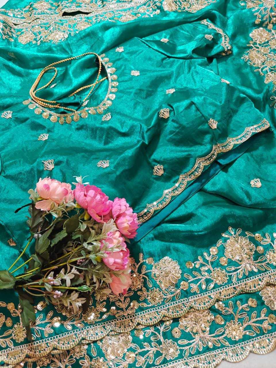 Premium Dual Tone Fendy Satin Silk Saree with Sequins, Coding Embroidery & Cutwork Border – Designer Blouse