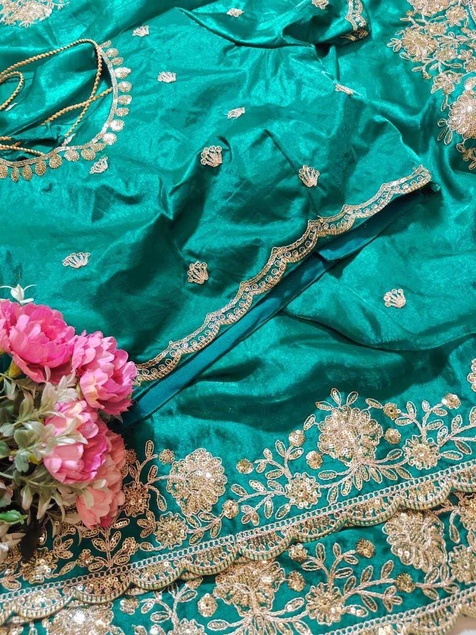 Premium Dual Tone Fendy Satin Silk Saree with Sequins, Coding Embroidery & Cutwork Border – Designer Blouse