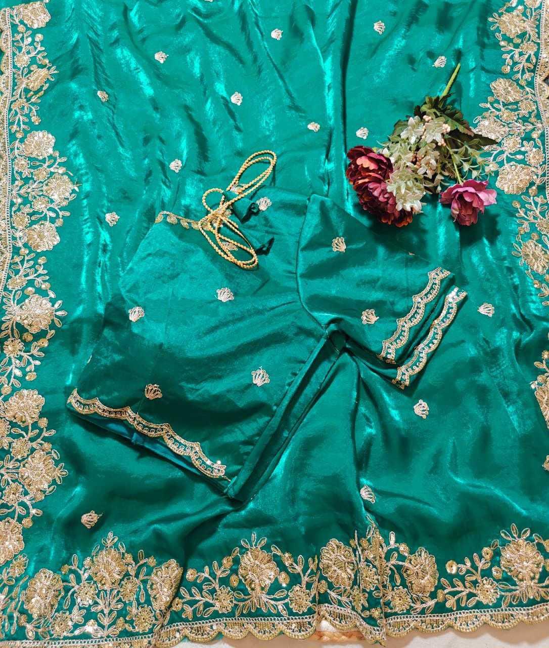 Premium Dual Tone Fendy Satin Silk Saree with Sequins, Coding Embroidery & Cutwork Border – Designer Blouse