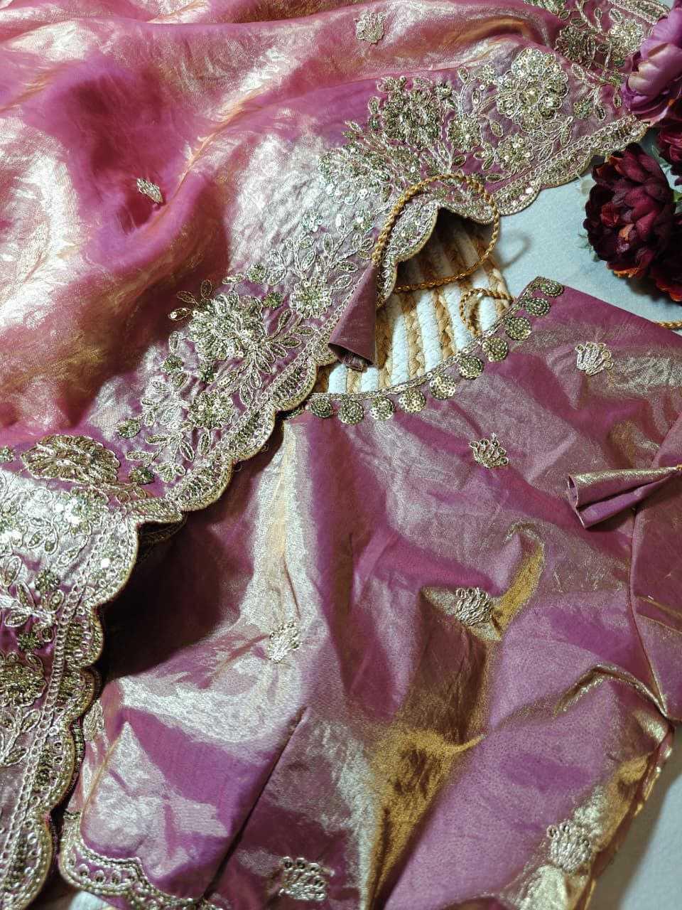 Premium Dual Tone Fendy Satin Silk Saree with Sequins, Coding Embroidery & Cutwork Border – Designer Blouse