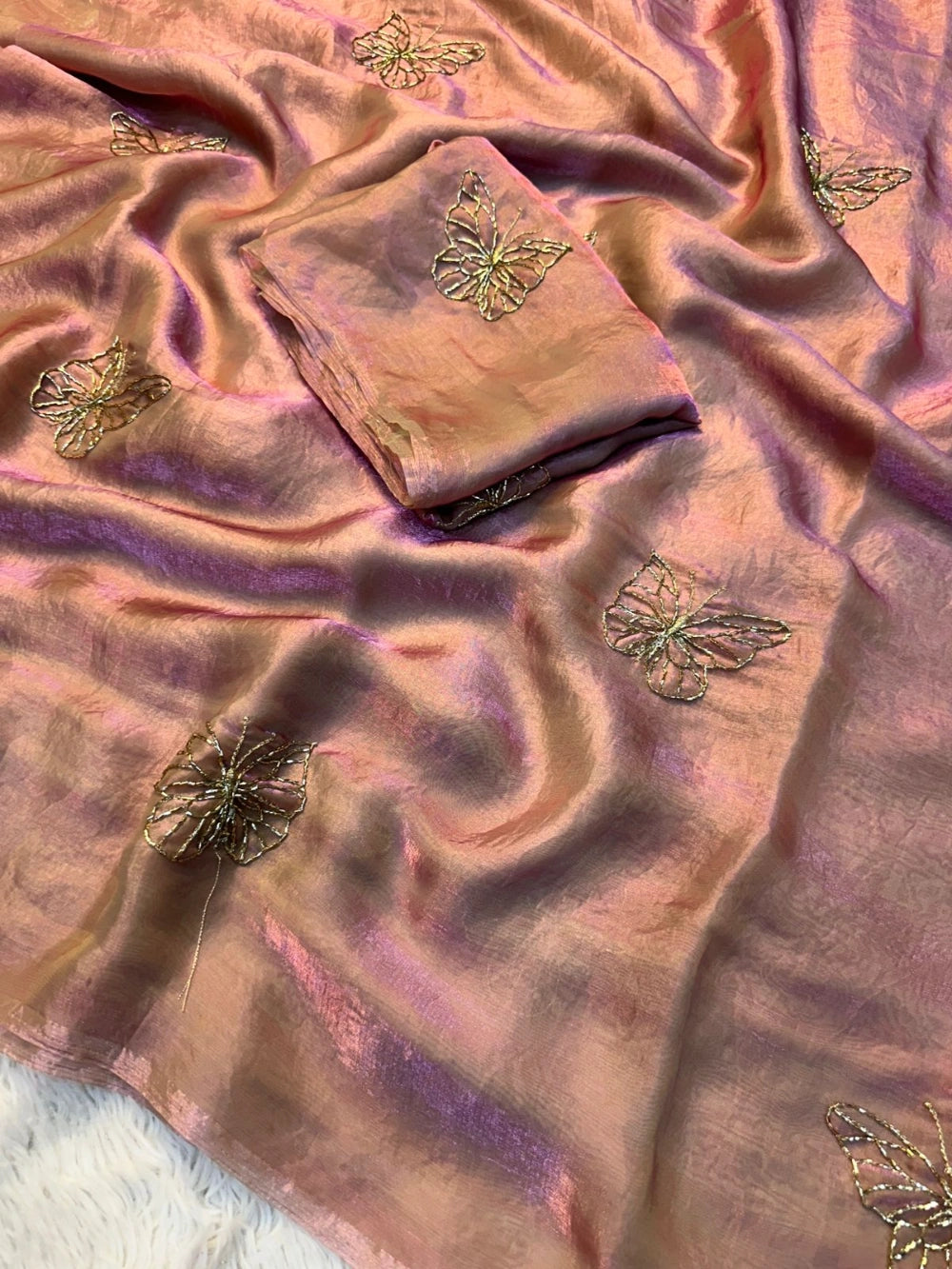 Premium Butterfly Two‑Tone Space Silk Saree with Leaf Motifs & Beads Handwork – Designer Blouse