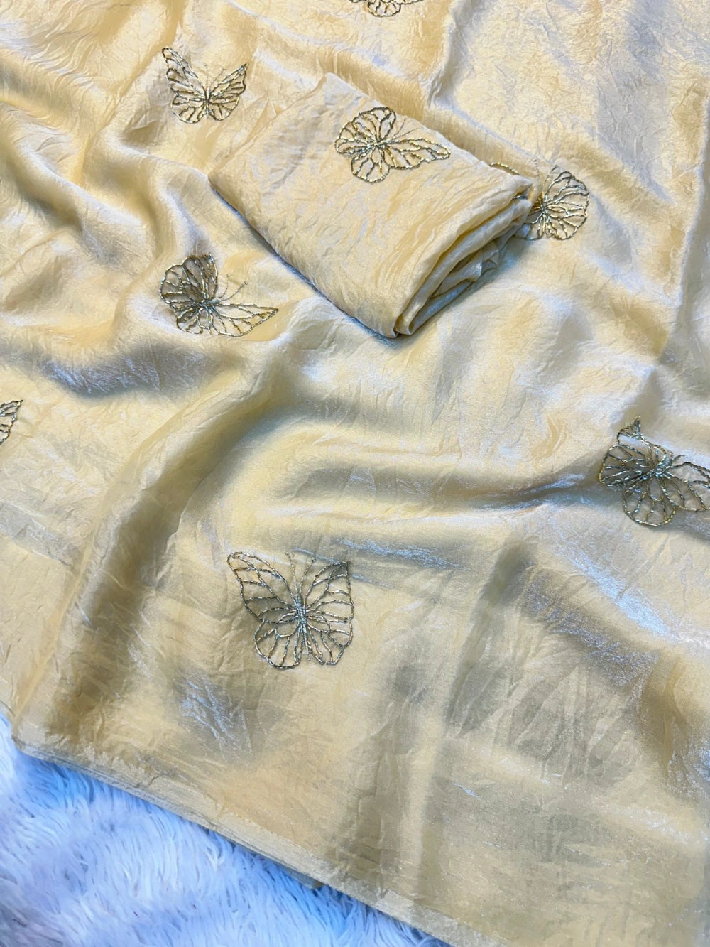 Premium Butterfly Two‑Tone Space Silk Saree with Leaf Motifs & Beads Handwork – Designer Blouse
