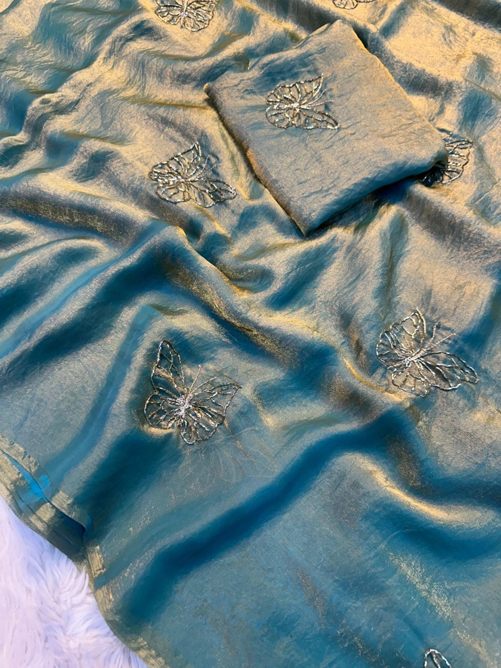 Premium Butterfly Two‑Tone Space Silk Saree with Leaf Motifs & Beads Handwork – Designer Blouse