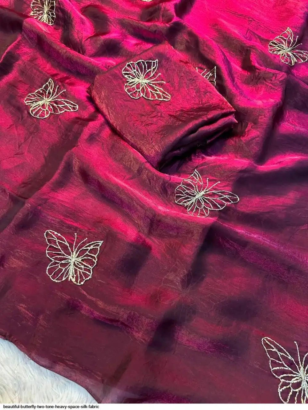 Premium Butterfly Two‑Tone Space Silk Saree with Leaf Motifs & Beads Handwork – Designer Blouse