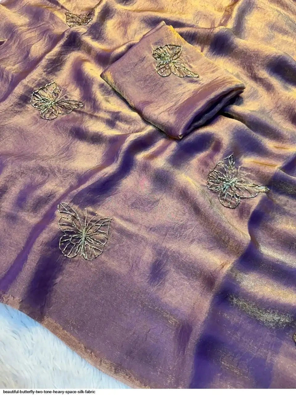 Premium Butterfly Two‑Tone Space Silk Saree with Leaf Motifs & Beads Handwork – Designer Blouse