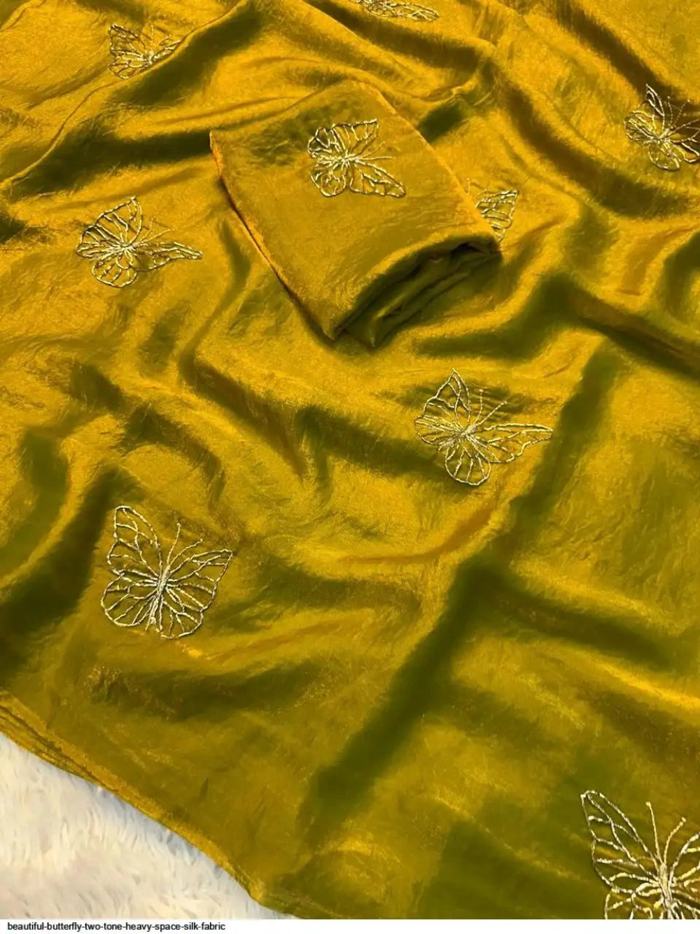 Premium Butterfly Two‑Tone Space Silk Saree with Leaf Motifs & Beads Handwork – Designer Blouse
