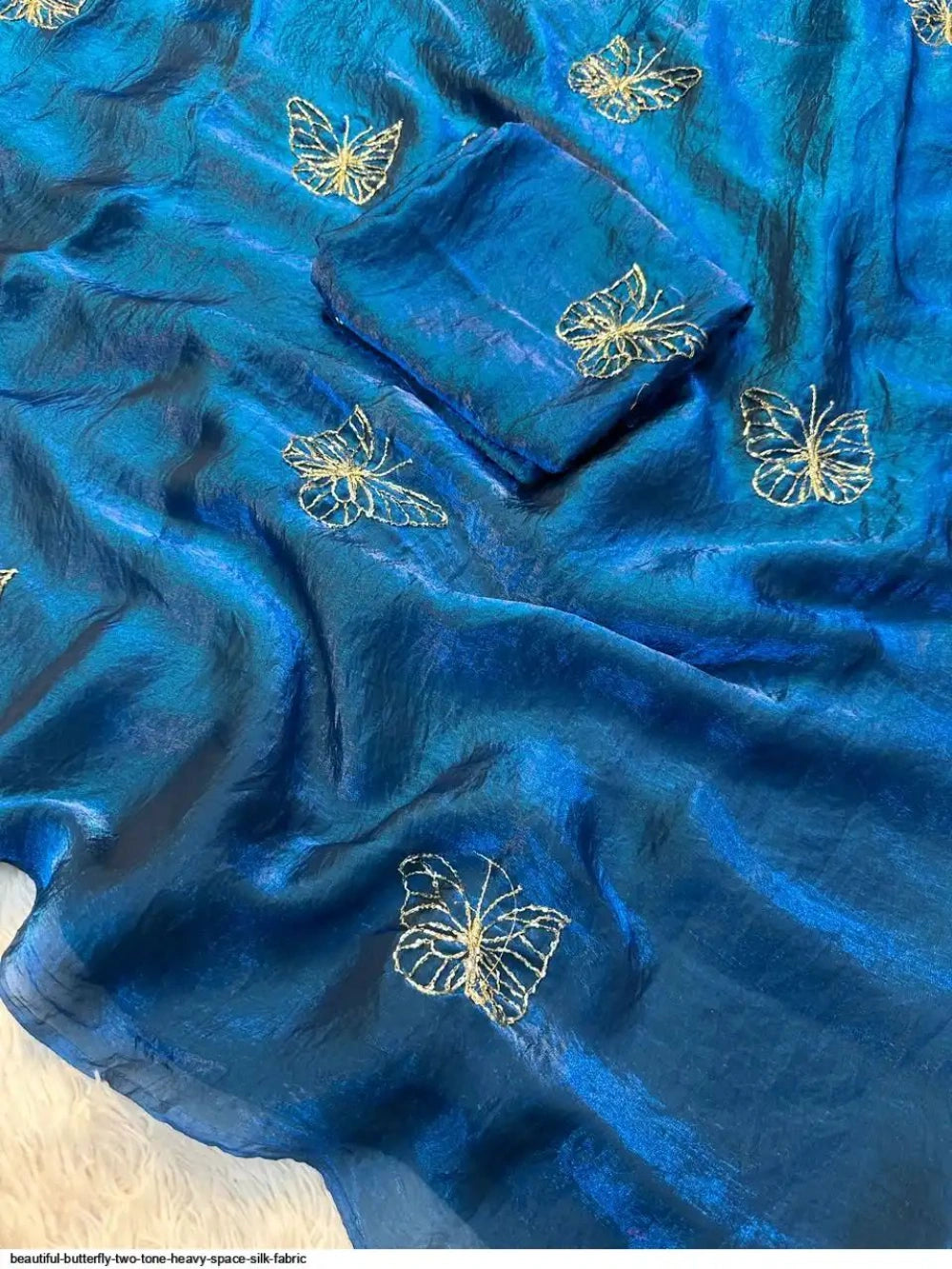 Premium Butterfly Two‑Tone Space Silk Saree with Leaf Motifs & Beads Handwork – Designer Blouse