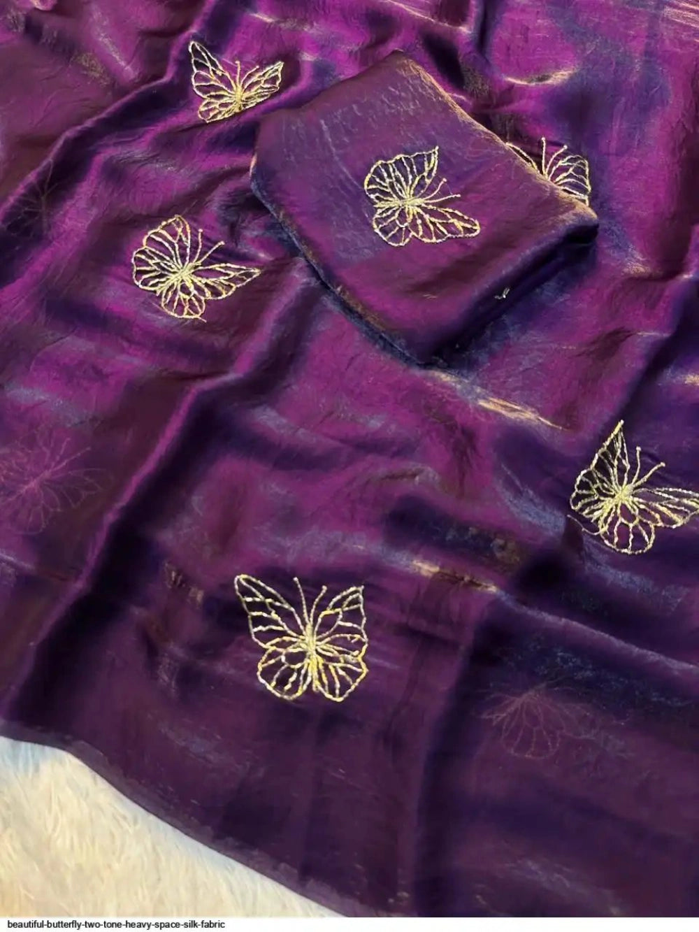 Premium Butterfly Two‑Tone Space Silk Saree with Leaf Motifs & Beads Handwork – Designer Blouse