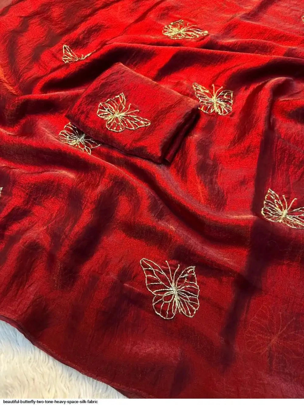 Premium Butterfly Two‑Tone Space Silk Saree with Leaf Motifs & Beads Handwork – Designer Blouse