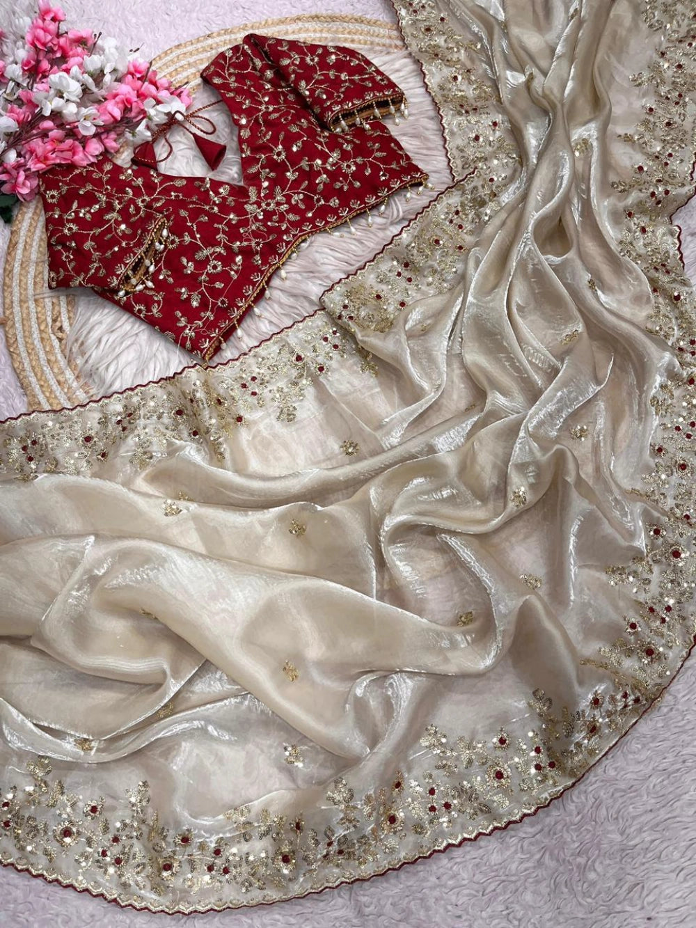 Top Trending Viral Space Silk Saree with Sequins Embroidery & Jalpari Blouse
