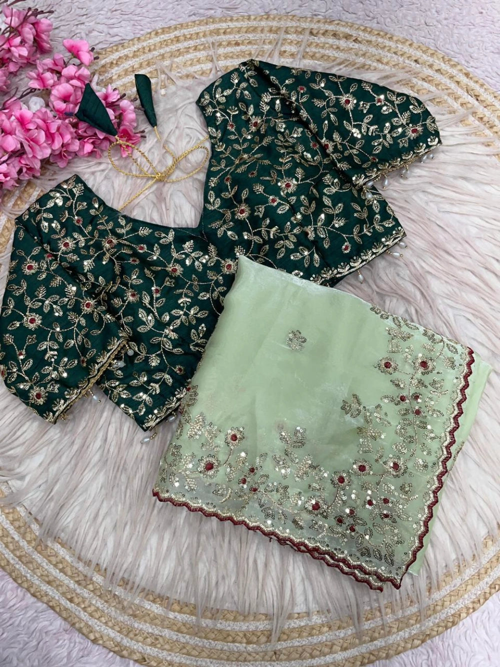Top Trending Viral Space Silk Saree with Sequins Embroidery & Jalpari Blouse