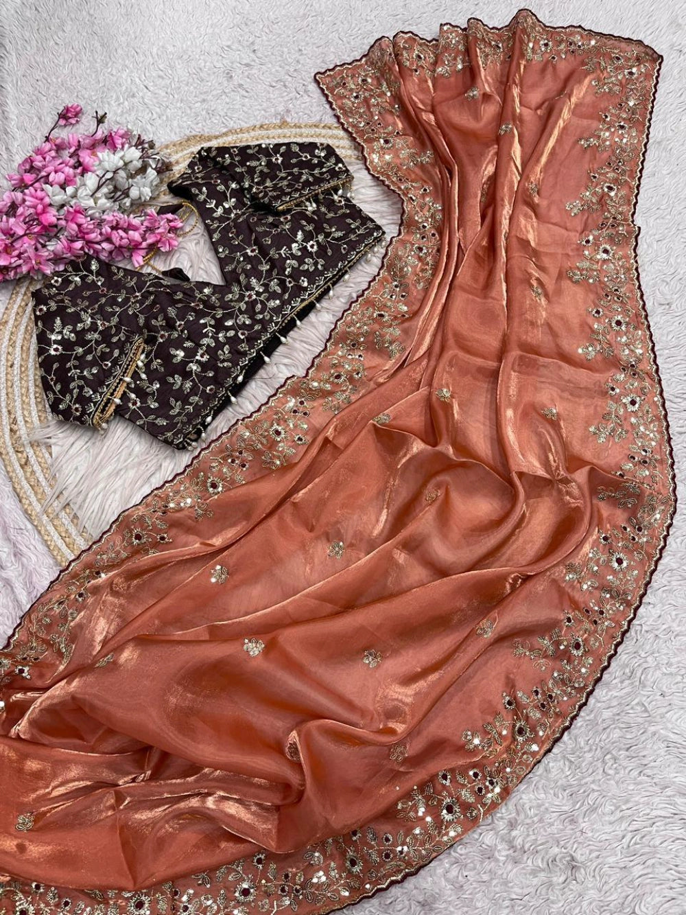 Top Trending Viral Space Silk Saree with Sequins Embroidery & Jalpari Blouse