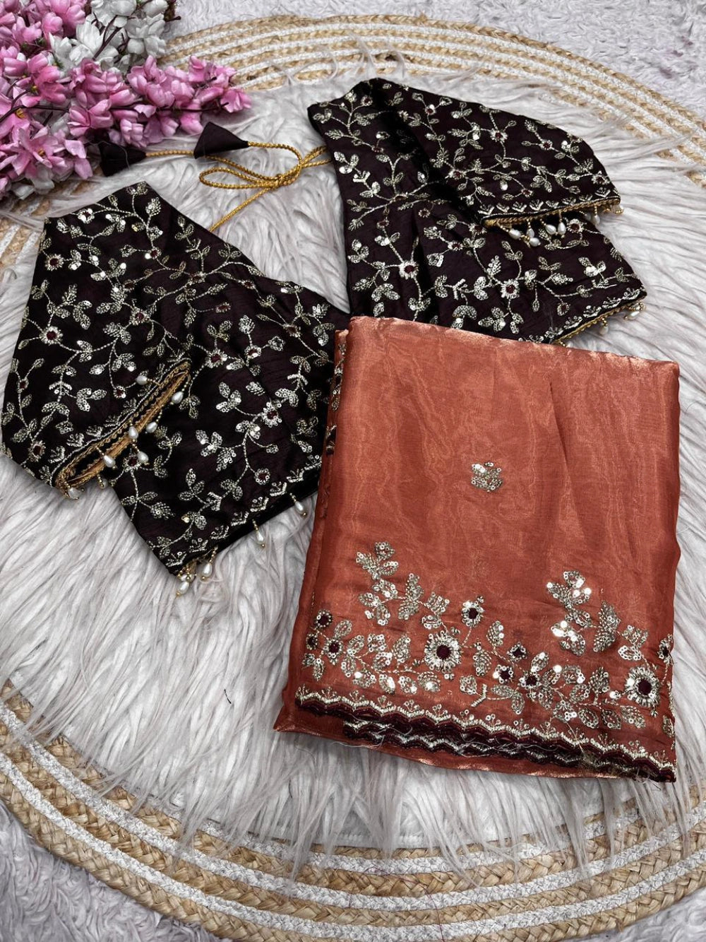 Top Trending Viral Space Silk Saree with Sequins Embroidery & Jalpari Blouse