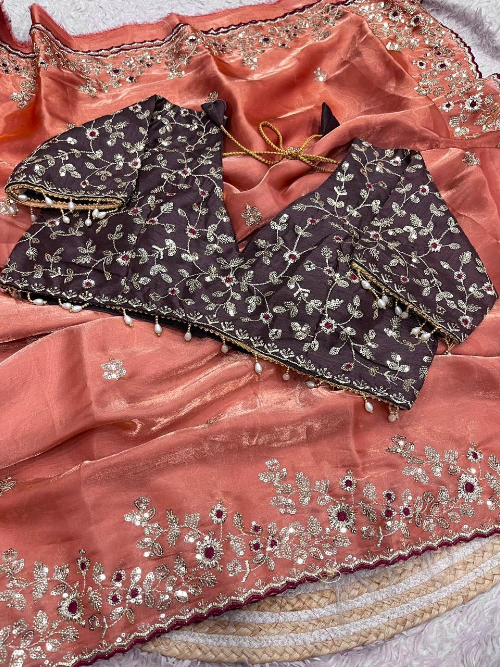 Top Trending Viral Space Silk Saree with Sequins Embroidery & Jalpari Blouse