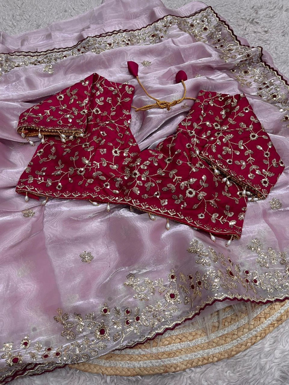 Top Trending Viral Space Silk Saree with Sequins Embroidery & Jalpari Blouse