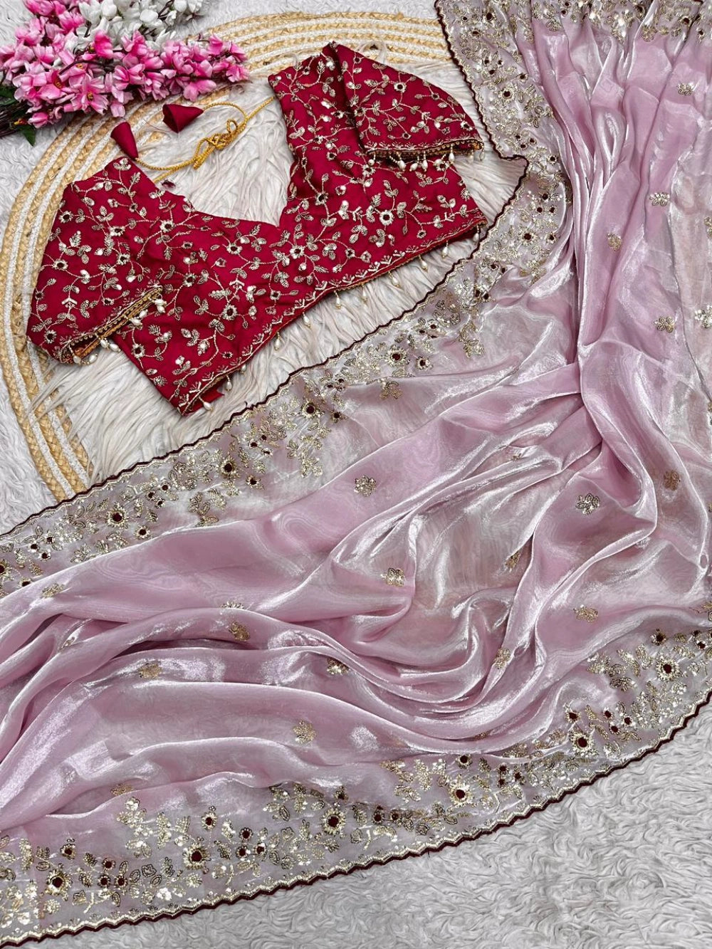 Top Trending Viral Space Silk Saree with Sequins Embroidery & Jalpari Blouse