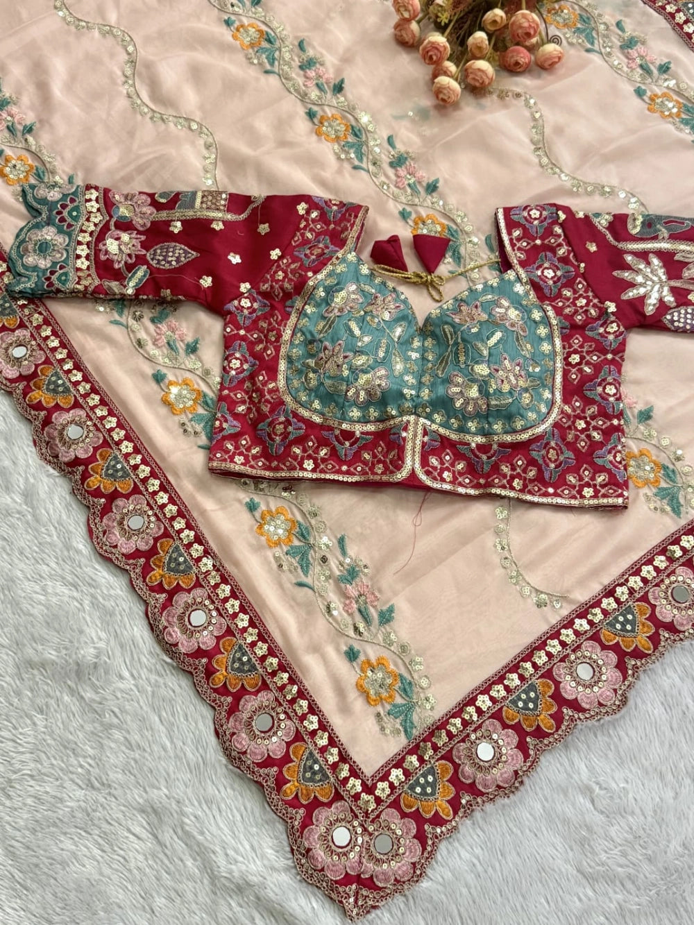 Premium Rangoli Silk Saree with Sequins, Dori Embroidery & Real Mirror Work – Corset Blouse