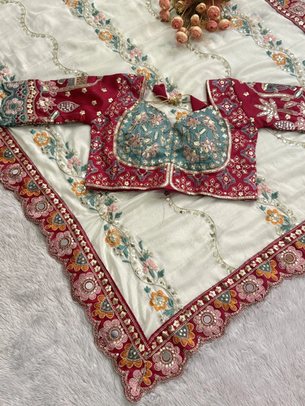 Premium Rangoli Silk Saree with Sequins, Dori Embroidery & Real Mirror Work – Corset Blouse