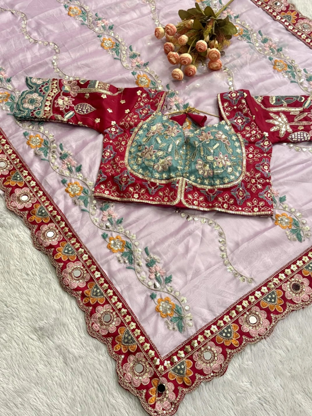 Premium Rangoli Silk Saree with Sequins, Dori Embroidery & Real Mirror Work – Corset Blouse