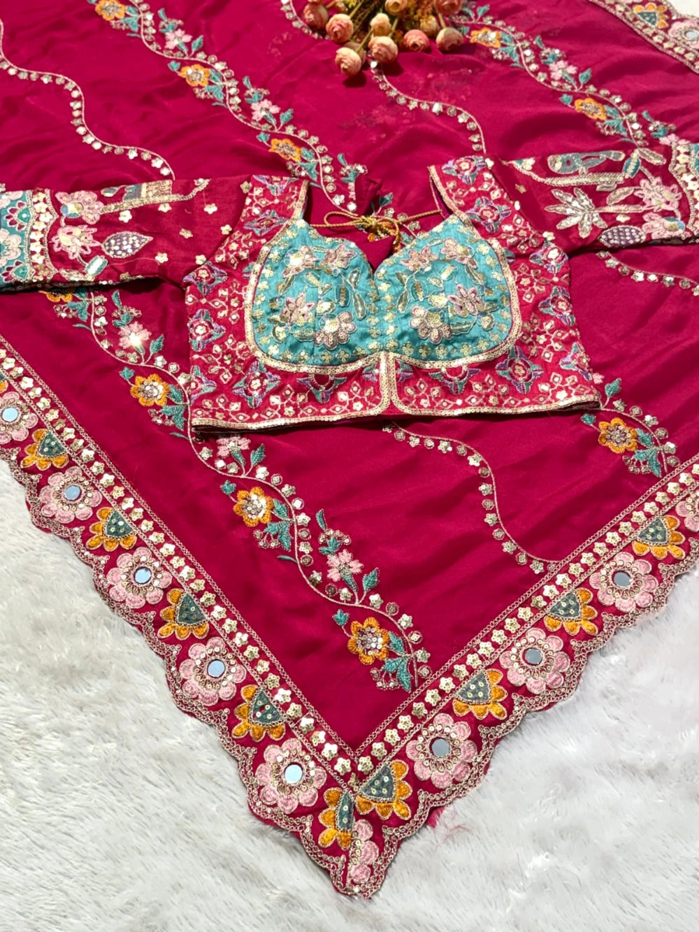 Premium Rangoli Silk Saree with Sequins, Dori Embroidery & Real Mirror Work – Corset Blouse