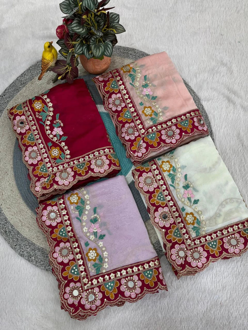 Premium Rangoli Silk Saree with Sequins, Dori Embroidery & Real Mirror Work – Corset Blouse