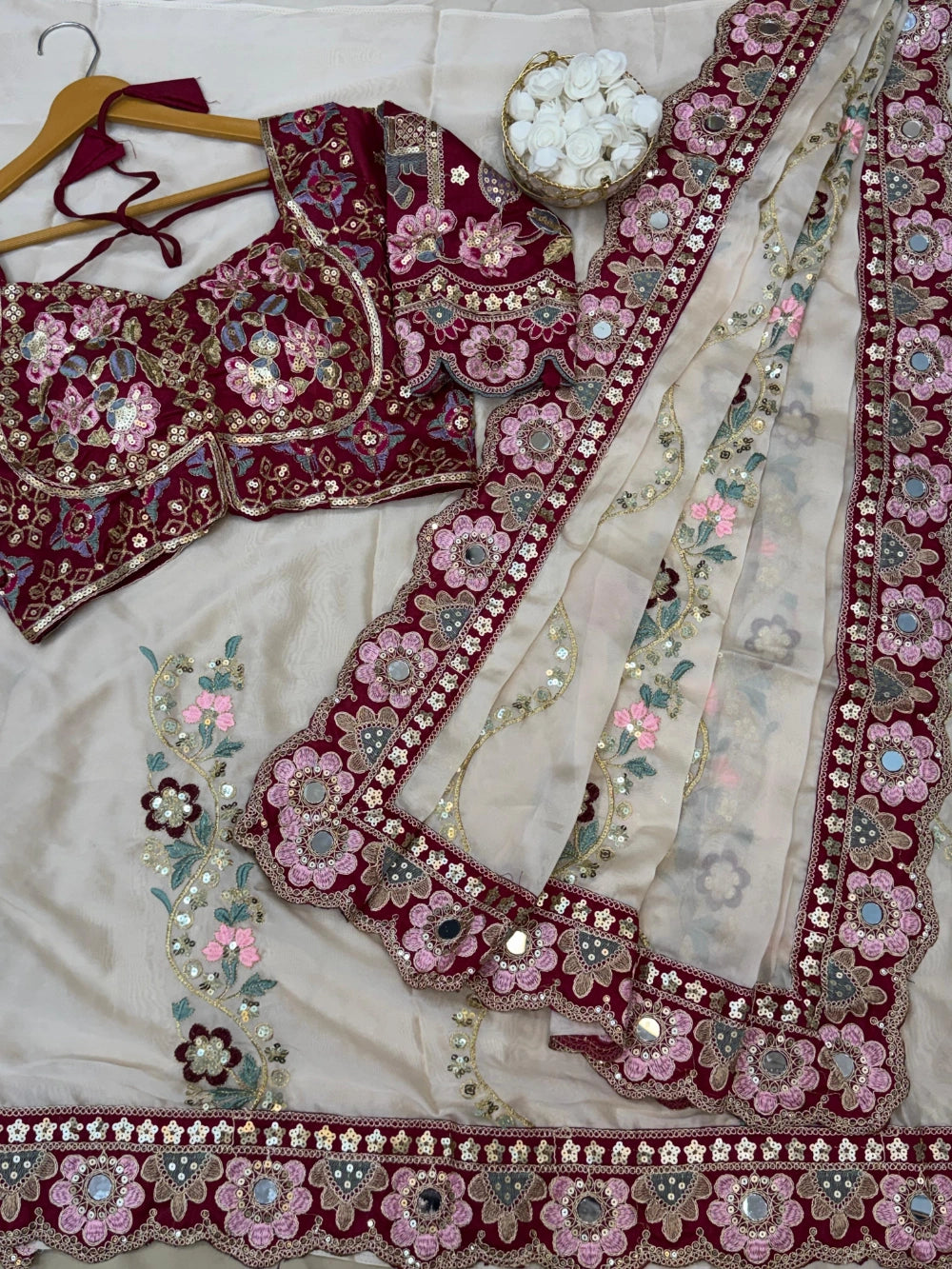 Premium Rangoli Silk Saree with Sequins, Dori Embroidery & Real Mirror Work – Corset Blouse