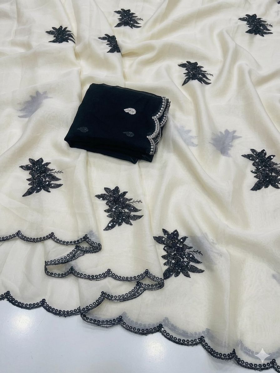 Premium Rangoli Silk Saree with Floral & Butti Embroidery Sequins Work – Matching Blouse