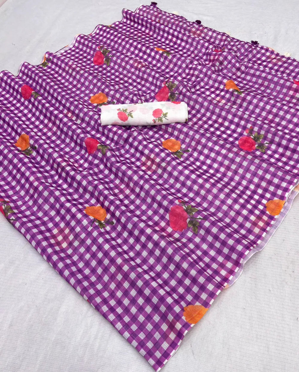 Premium Lilen Cotton Saree with Multicolor Digital Print, Tassel Pallu & Matching Blouse