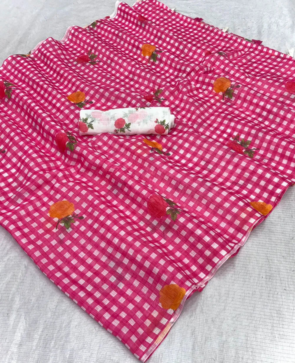Premium Lilen Cotton Saree with Multicolor Digital Print, Tassel Pallu & Matching Blouse