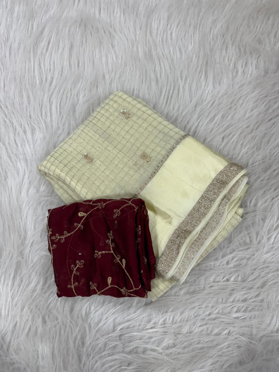 Premium Viscose Georgette Saree with Checks, Butti & Sequins Work – Rangoli Silk Zari Blouse