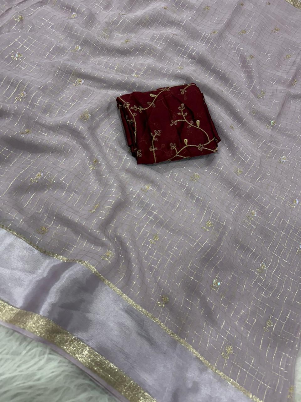 Premium Viscose Georgette Saree with Checks, Butti & Sequins Work – Rangoli Silk Zari Blouse