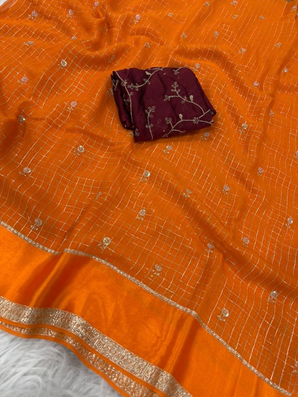 Premium Viscose Georgette Saree with Checks, Butti & Sequins Work – Rangoli Silk Zari Blouse