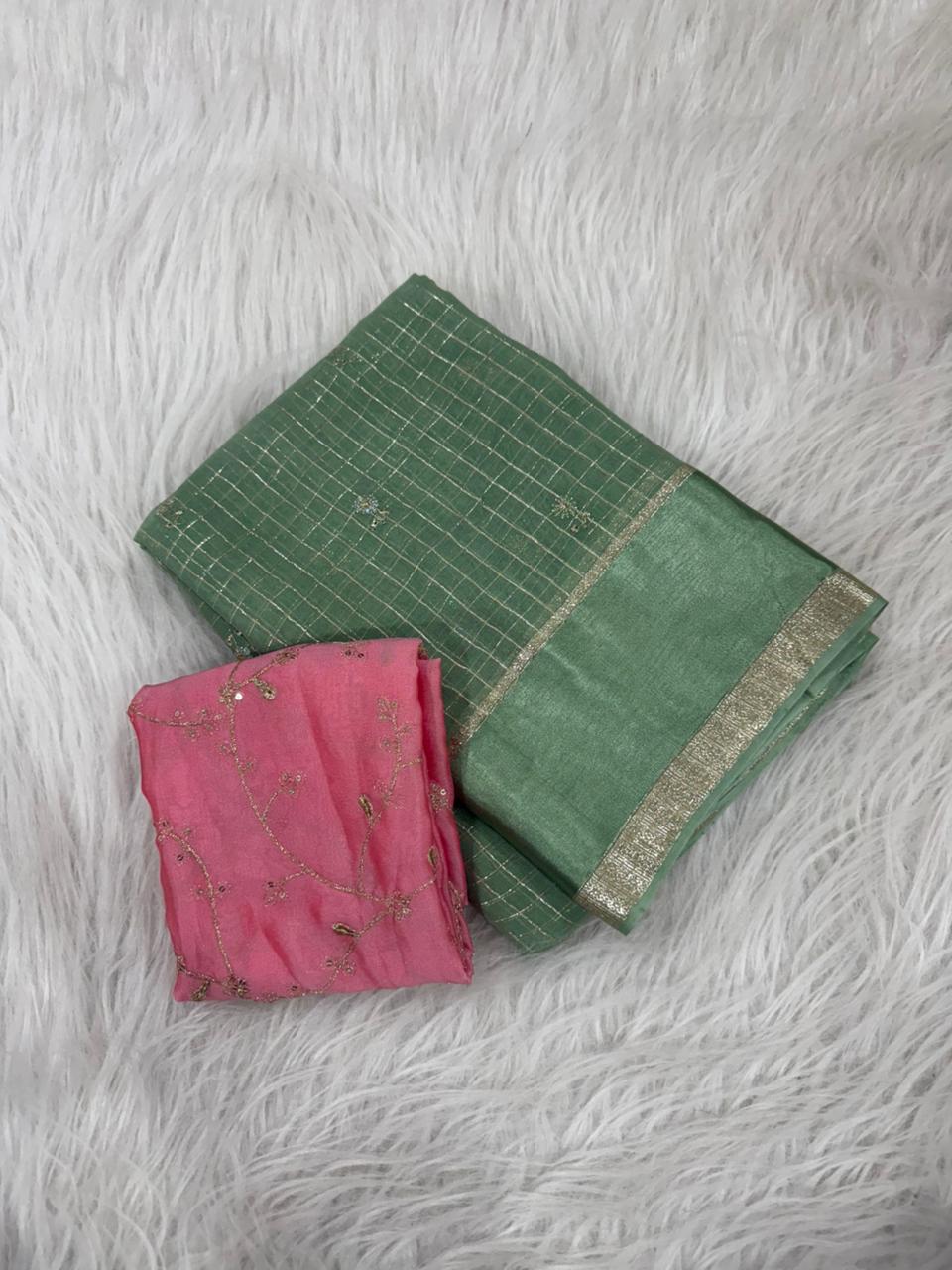 Premium Viscose Georgette Saree with Checks, Butti & Sequins Work – Rangoli Silk Zari Blouse