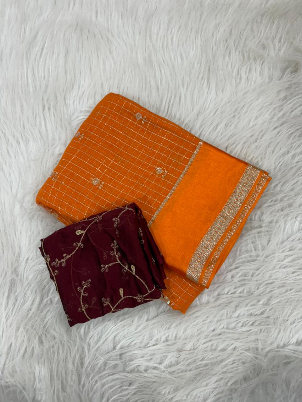 Premium Viscose Georgette Saree with Checks, Butti & Sequins Work – Rangoli Silk Zari Blouse
