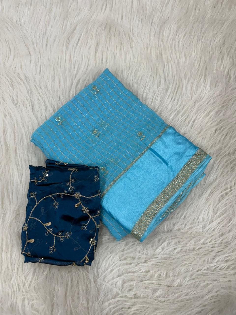 Premium Viscose Georgette Saree with Checks, Butti & Sequins Work – Rangoli Silk Zari Blouse