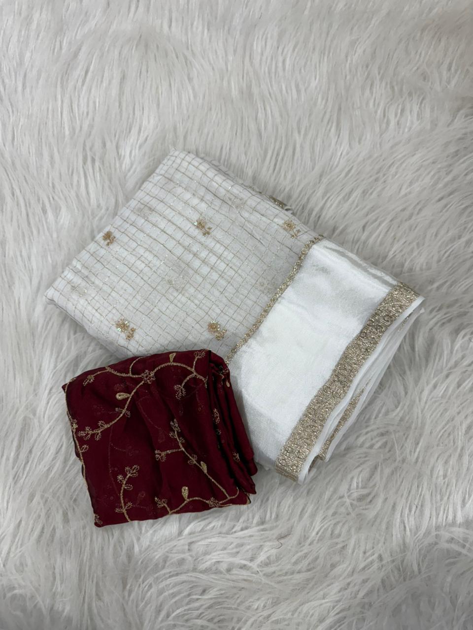 Premium Viscose Georgette Saree with Checks, Butti & Sequins Work – Rangoli Silk Zari Blouse