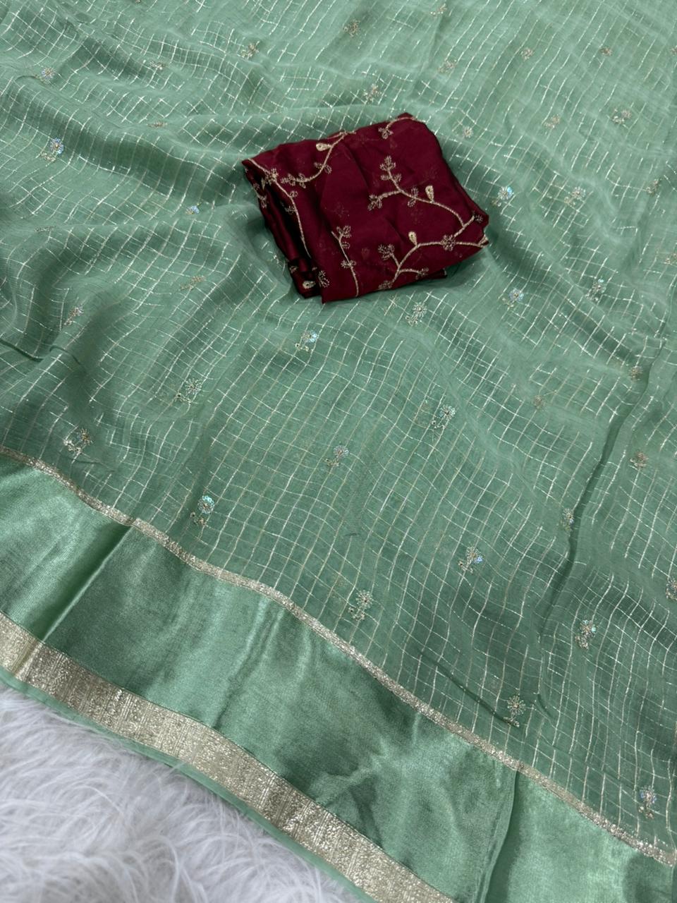 Premium Viscose Georgette Saree with Checks, Butti & Sequins Work – Rangoli Silk Zari Blouse